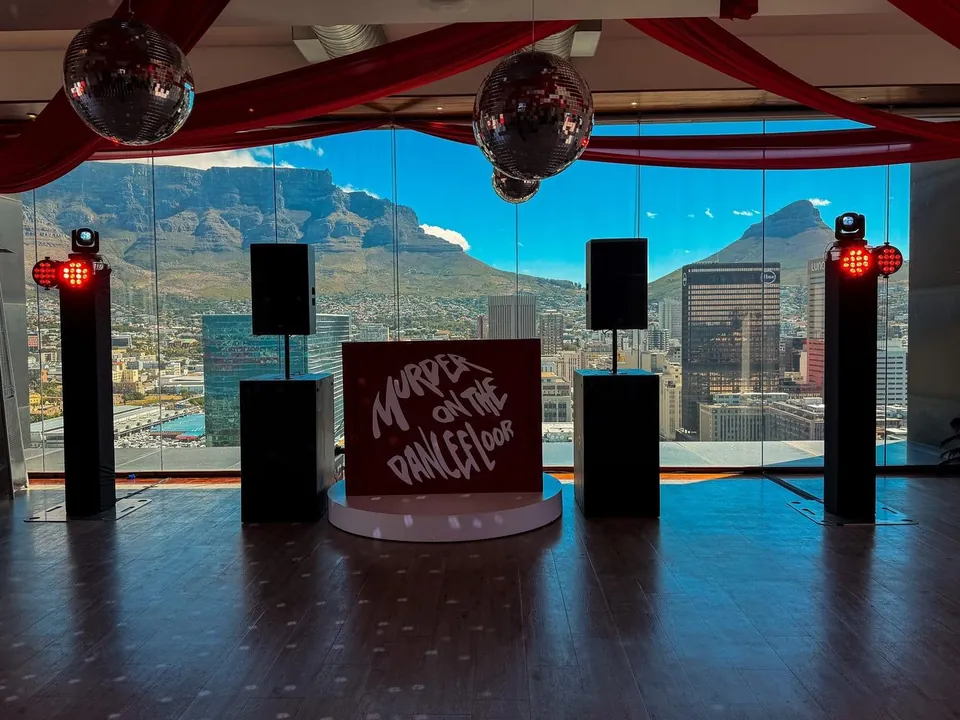 Corporate DJ and sound setup with Table Mountain view